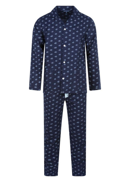 Pyjama long en coton marine imprimé voiture à coupe droite et col cranté