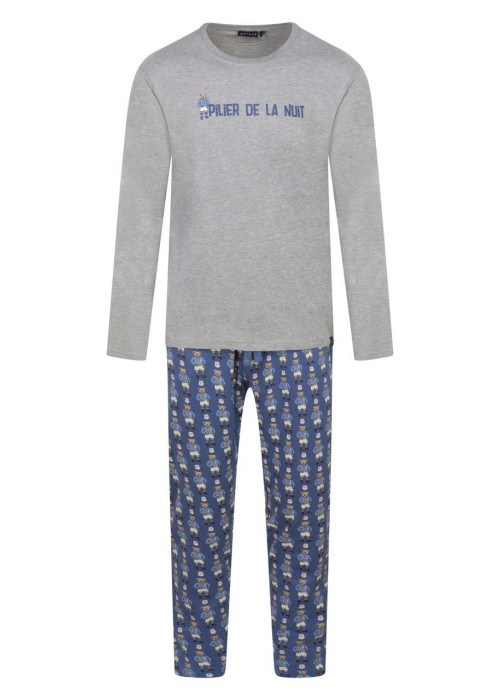 Pyjama long en coton gris imprimé ours avec une coupe droite et un col rond