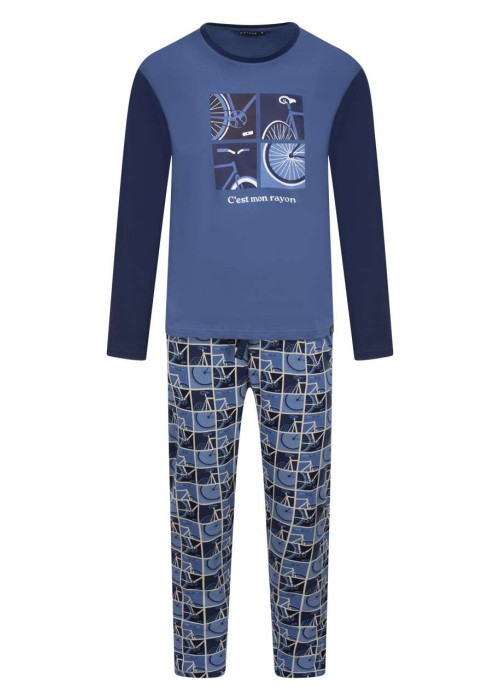 Pyjama long en coton bleu imprimé vélo avec une coupe droite et un col rond
