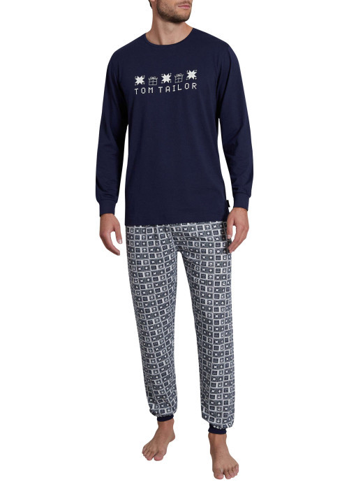 Pyjama long marine imprimé avec une coupe droite et un col rond