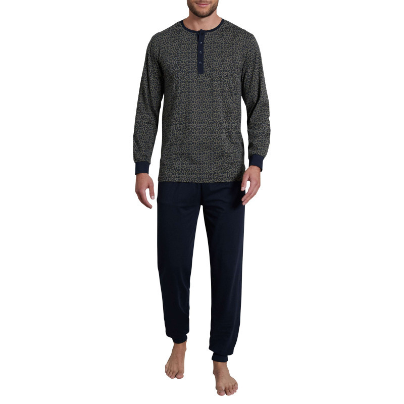 Tom Tailor - Pyjama Long Marine Tacheté Avec Une Coupe Droite Et Un Col Tunisien - Marine Tom Tailor - Pyjama Long Marine Tacheté Avec Une Coupe Droite Et Un Col Tunisien - Marine