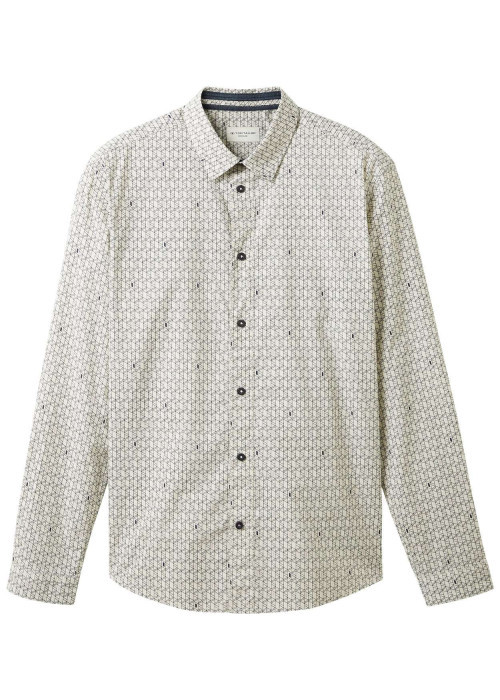 Chemise en coton blanc imprimé géométrique avec col français et coupe droite