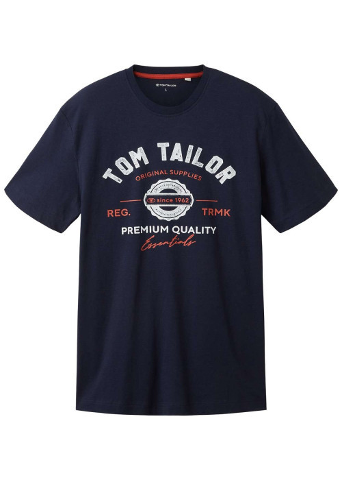 T-shirt en coton marine uni coupe droite avec un col rond et des inscriptions
