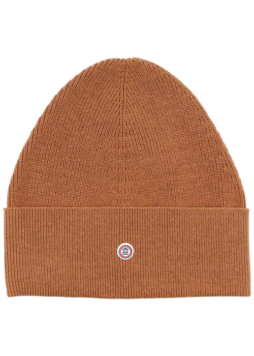 Bonnet en coton camel uni à revers avec logo de la marque au centre