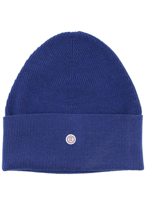 Bonnet en coton bleu uni à revers avec logo de la marque au centre