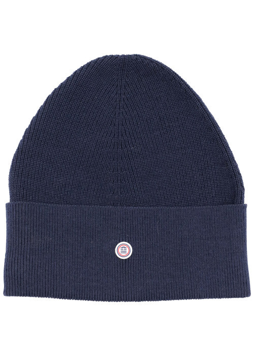 Bonnet en coton marine uni à revers avec logo de la marque au centre