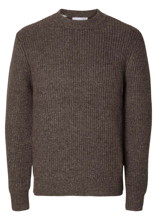 Pull chocolat uni avec une coupe droite et un col rond en bord côte