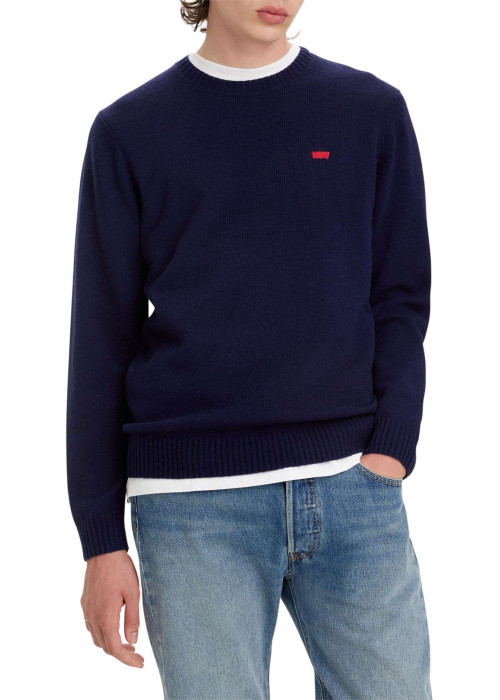 Pull léger oversize en laine stretch bleu muit à col rond côtelé