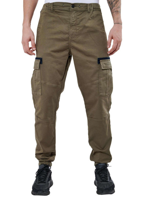 Pantalon cargo Malki en coton kaki uni à coupe slim et taille intermédiaire