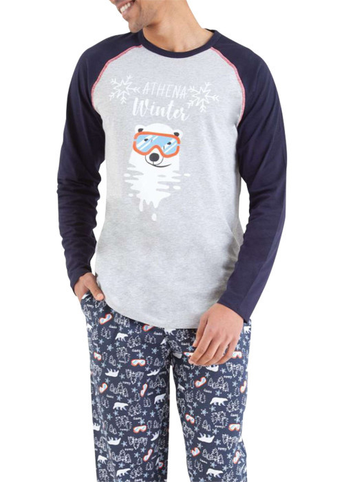 Pyjama long gris imprimé en coton avec une coupe droite et un col rond