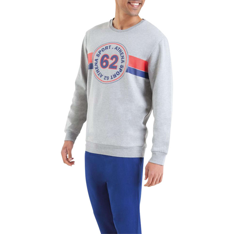 Athéna - Pyjama Long Bleu Et Gris Uni En Coton Mélangé à Coupe Droite Et Col Rond - Bleu