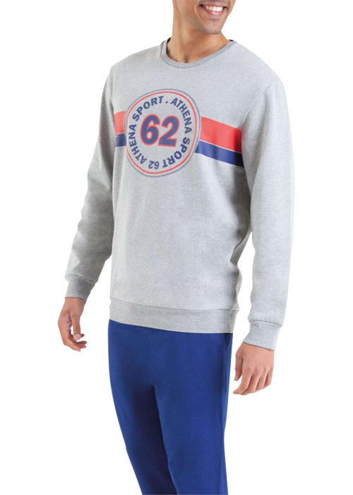 Pyjama long bleu et gris uni en coton mélangé à coupe droite et col rond
