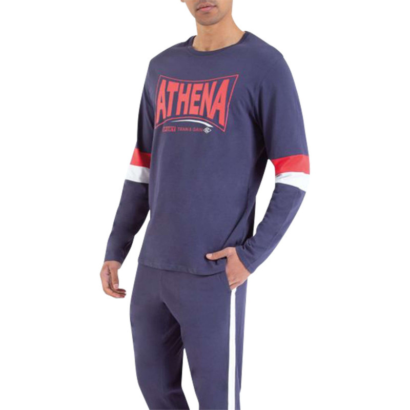 Athéna - Pyjama Long Marine En Coton Avec Une Coupe Droite Et Un Col Rond - Marine