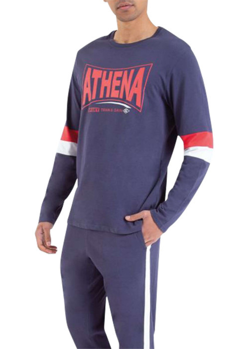 Pyjama long marine en coton avec une coupe droite et un col rond
