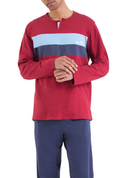 Pyjama long en coton prune rayé avec une coupe droite et un col tunisien