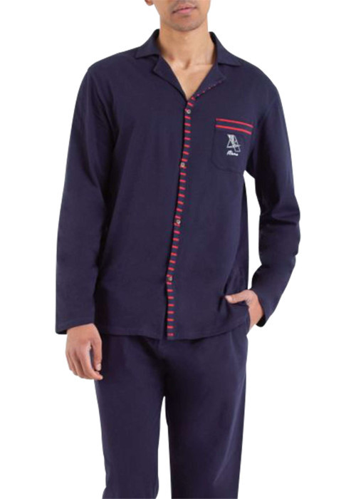 Pyjama long bleu marine uni en coton avec un col à revers et fermeture boutonnée
