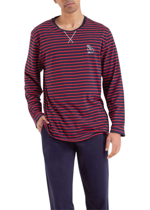 Pyjama long en coton rouge rayé avec une coupe droite et un col rond