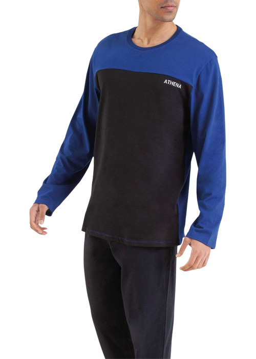 Pyjama Long en coton bleu bicolore avec une coupe fermée et un col rond