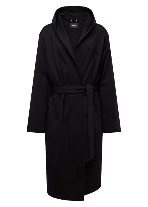 Robe de chambre noire unie en coton avec manches longues er à capuche