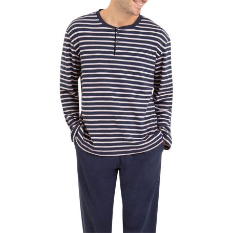 Pyjama long en coton marine rayé avec une coupe...