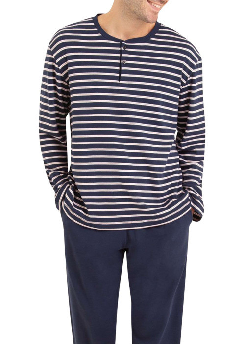 Pyjama long en coton marine rayé avec une coupe droite et un col tunisien
