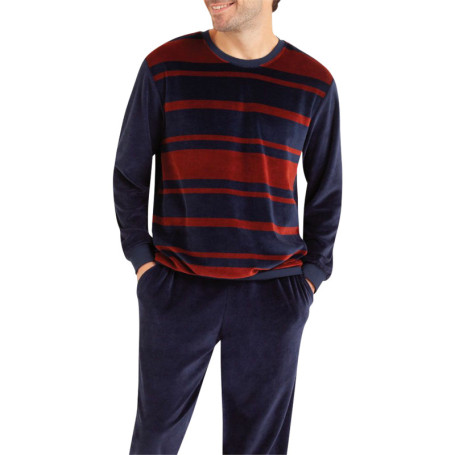 Pyjama long en coton mélangé marine rayé avec...