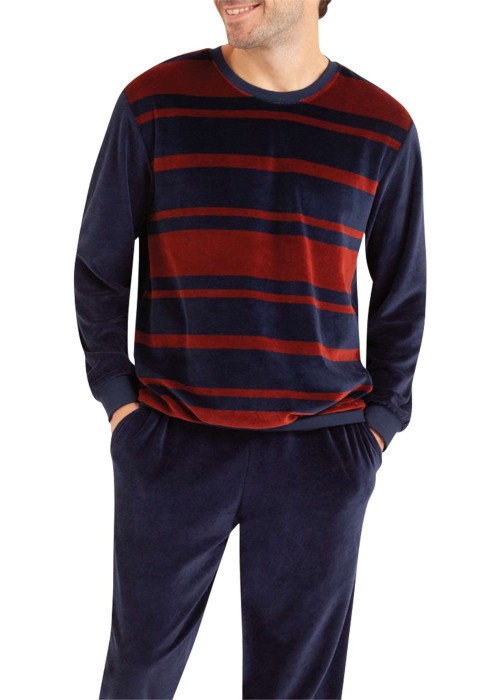 Pyjama long en coton mélangé marine rayé avec une coupe droite et un col rond