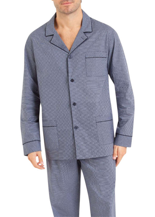 Pyjama long en coton marine imprimé all-over avec coupe droite et col cranté