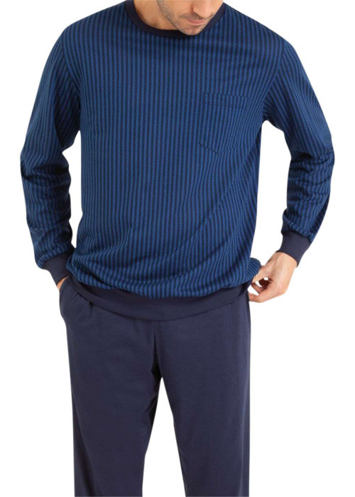 Pyjama long en coton marine imprimé avec une coupe droite et un col rond