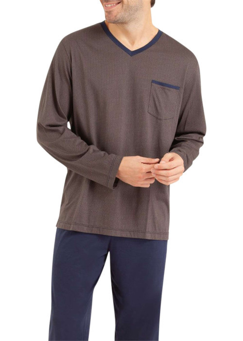 Pyjama long en coton marine imprimé avec une coupe droite et un col V