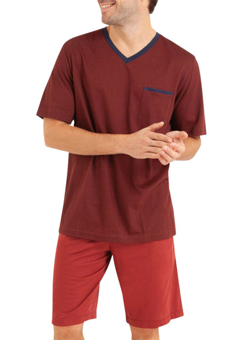 Pyjama court en coton bordeaux imprimé avec une coupe droite et un col V