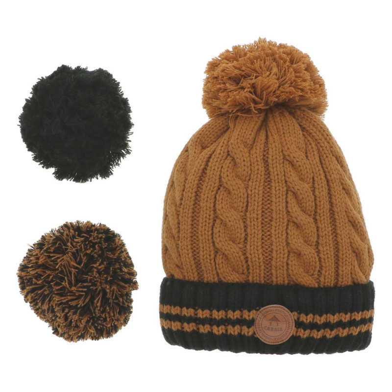 Cabaia - Bonnet Bicolore Camel Et Noir à Revers Noir Liseré Camel Avec 3 Pompons - Camel Cabaia - Bonnet Bicolore Camel Et Noir à Revers Noir Liseré Camel Avec 3 Pompons - Camel