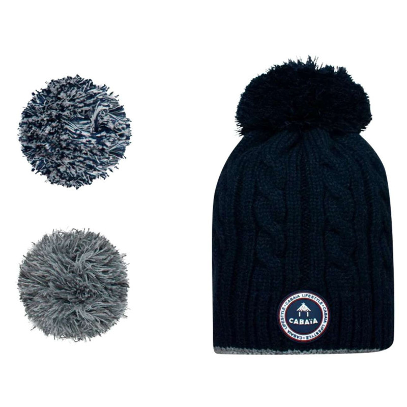Cabaia - Bonnet Milky Marine En Maille Torsadée Avec 3 Pompons Interchangeables - Marine Cabaia - Bonnet Milky Marine En Maille Torsadée Avec 3 Pompons Interchangeables - Marine