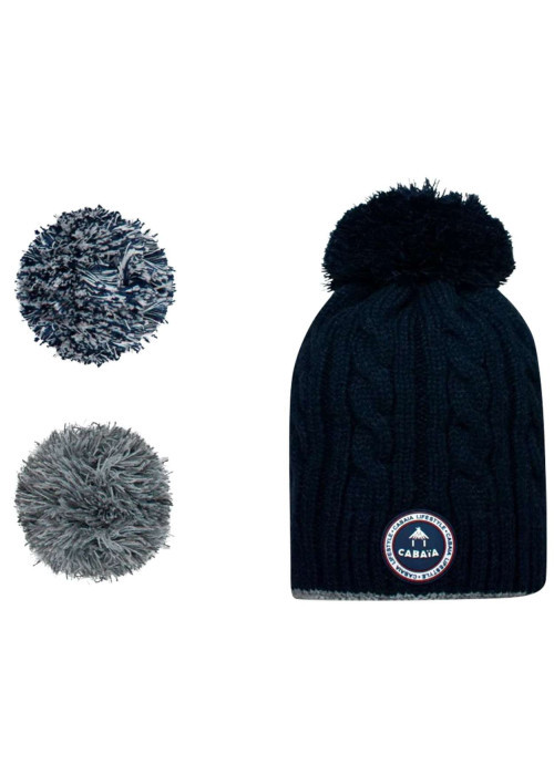 Bonnet MILKY marine en maille torsadée avec 3 pompons interchangeables