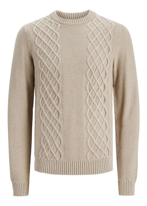 Pull en coton et laine écru uni coupe droite avec un col rond