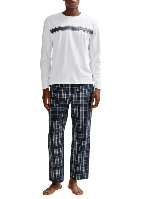 Pyjama Long en coton blanc vichy avec une coupe droite et un col rond