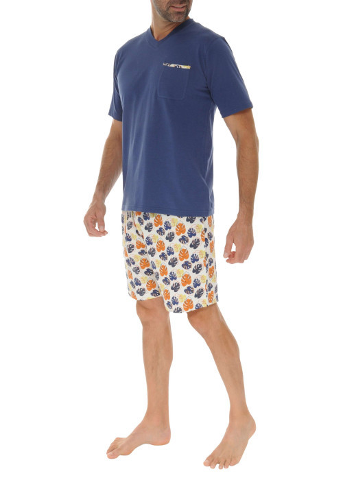 Ensemble de pyjama court en coton marine avec une coupe fermée et un col v