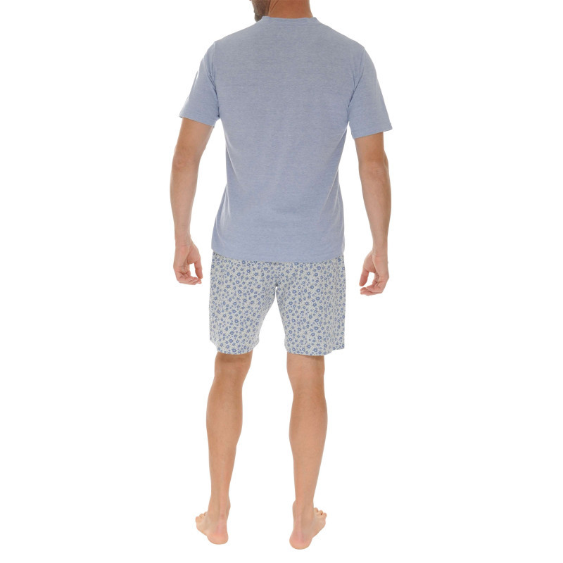 Christian Cane - Pyjama Court En Coton Bleu Uni Avec Imprimé Fleuri Sur Le Bas - Bleu