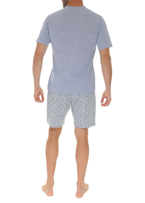 Pyjama court en coton bleu uni avec imprimé fleuri sur le bas