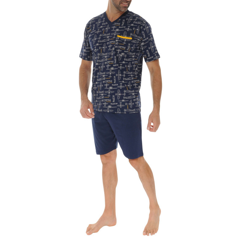 Christian Cane - Ensemble Pyjama Court En Coton Marine à Imprimé Avec Une Coupe Droite - Marine