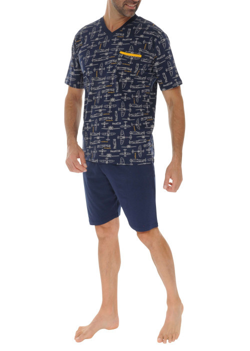 Ensemble pyjama court en coton marine à imprimé avec une coupe droite