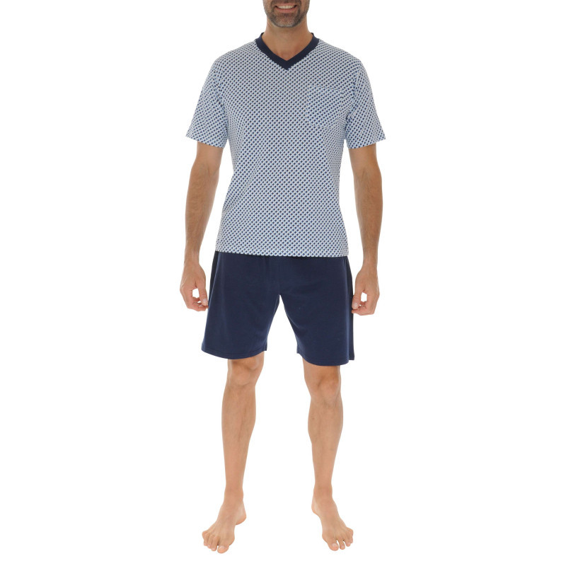 Christian Cane - Pyjama Court En Coton Bleu Avec Un Haut à Imprimé Géométrique - Bleu