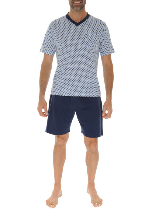 Pyjama court en coton bleu avec un haut à imprimé géométrique