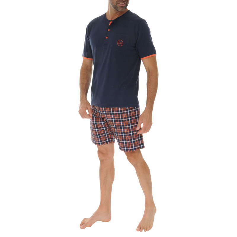 Christian Cane - Pyjama Court En Coton Marine Avec Des Carreaux Sur Le Bas Et Une Coupe Fermée - Marine
