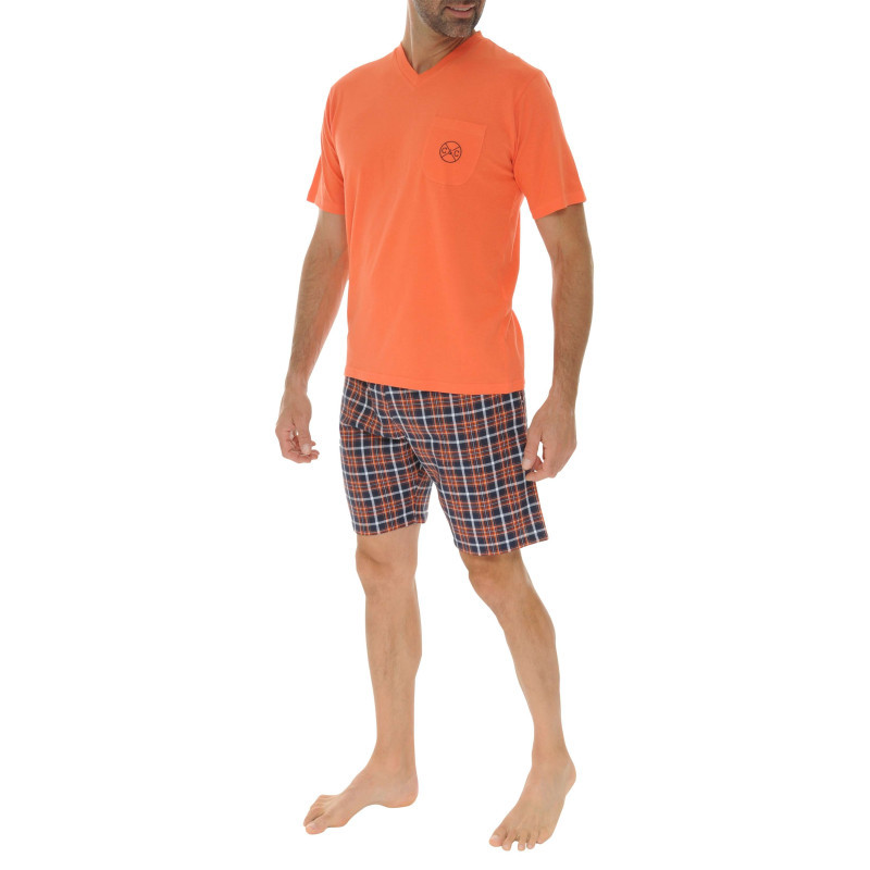 Christian Cane - Pyjama Court En Coton Orange Avec Un Bas à Carreaux Et Une Coupe Fermée - Orange