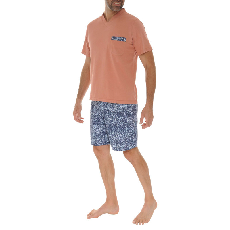 Christian Cane - Pyjama Court En Coton Orange Avec Un Bas Fleuri Et Une Coupe Fermée - Orange