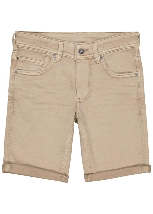 Short en coton mélangé beige uni avec une coupe droite et des revers