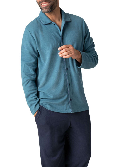 Pyjama long bleu et marine uni avec une coupe ouverte et un col français