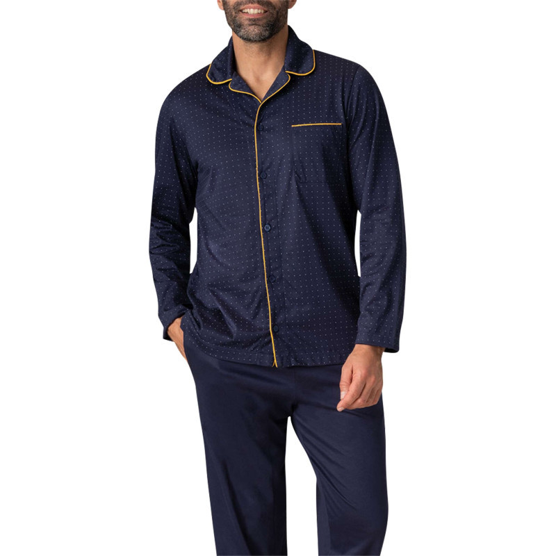 Eminence - Pyjama Long En Coton Marine à Pois Avec Une Coupe Ouverte Et Un Col Français - Marine
