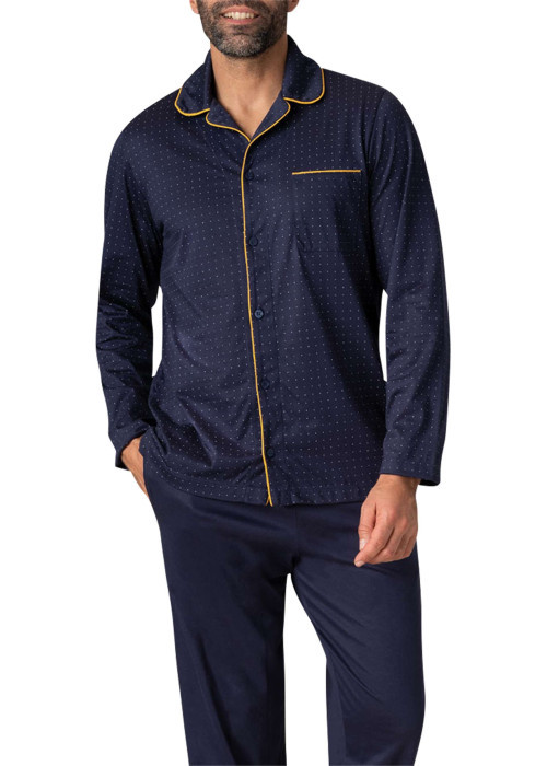 Pyjama long en coton marine à pois avec une coupe ouverte et un col français